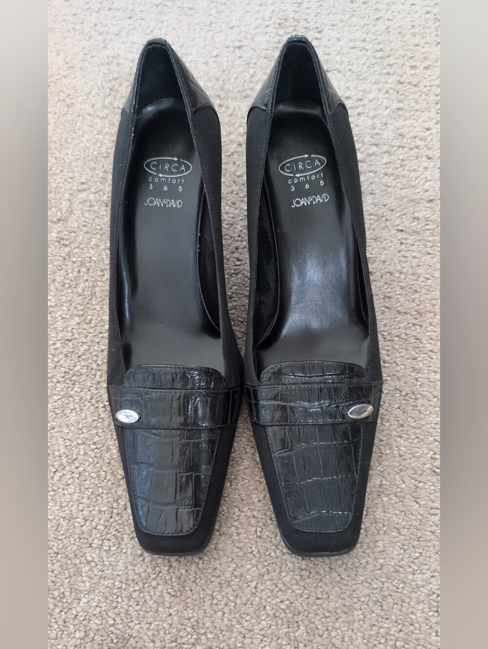 Joan & David Vintage Comfort Black Crocodile Leather Square Toe Heeled Loafers